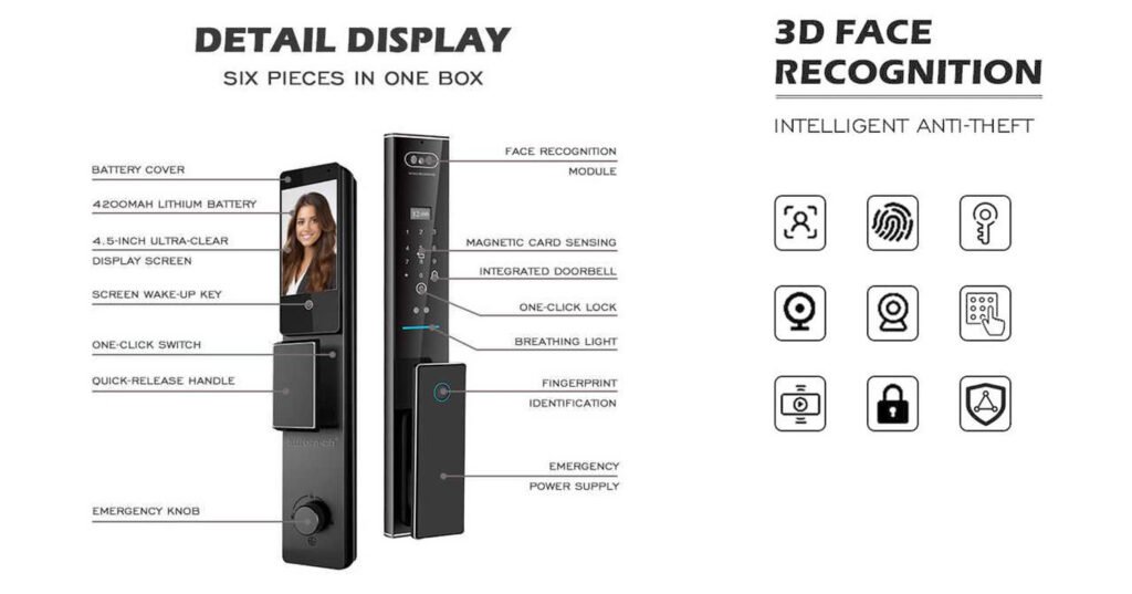 Smart door lock with 3D face recognition, fingerprint, magnetic card, password unlock, dual camera, touch display, C-level lock cylinder