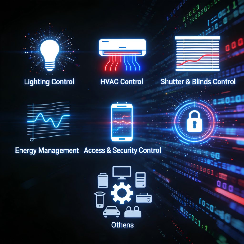KNX system application areas including lighting control, HVAC control, shutter and blinds control, energy management, access and security control, and other intelligent building automation solutions for homes and commercial properties.