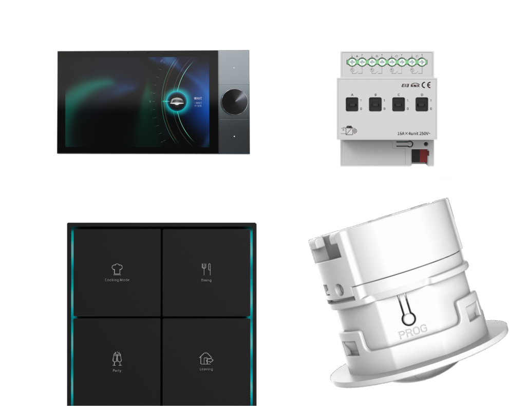 Smart home automation devices including touch control panel with rotary knob, KNX lighting actuator, smart scene touch switch and ceiling presence sensor for intelligent lighting and home control