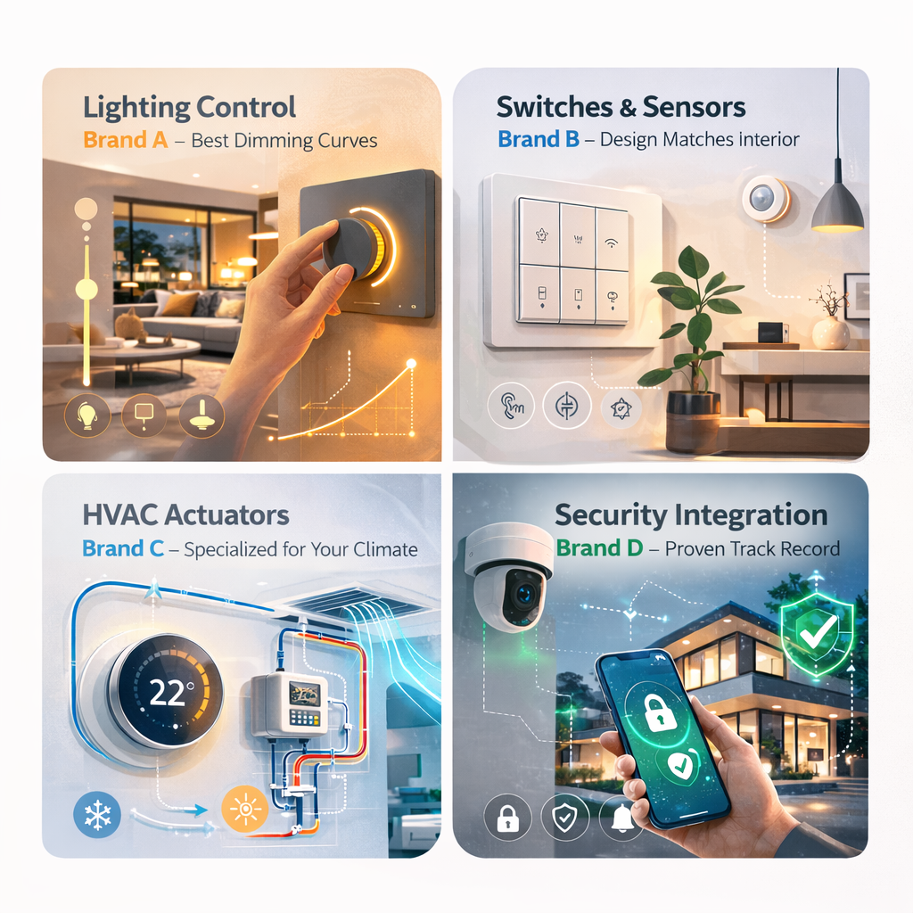 Winsmart Home ecosystem diagram featuring lighting control from Brand A, switches from Brand B, HVAC actuators from Brand C, and security from Brand D.