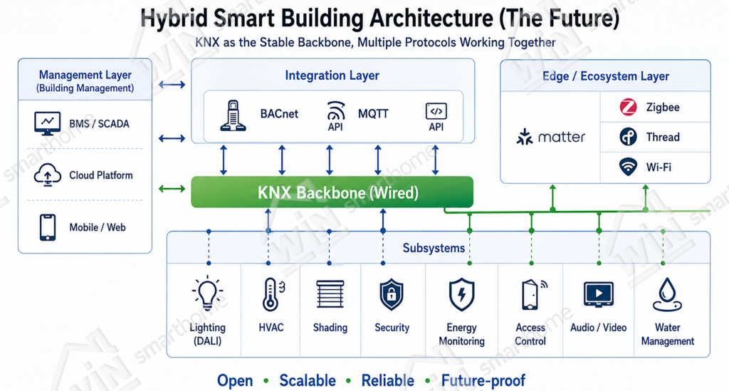 Hybrid smart building architecture showing KNX wired backbone integration with Matter, Zigbee, Thread, BACnet, MQTT, DALI lighting, HVAC, security, energy monitoring, and multi-protocol building automation systems