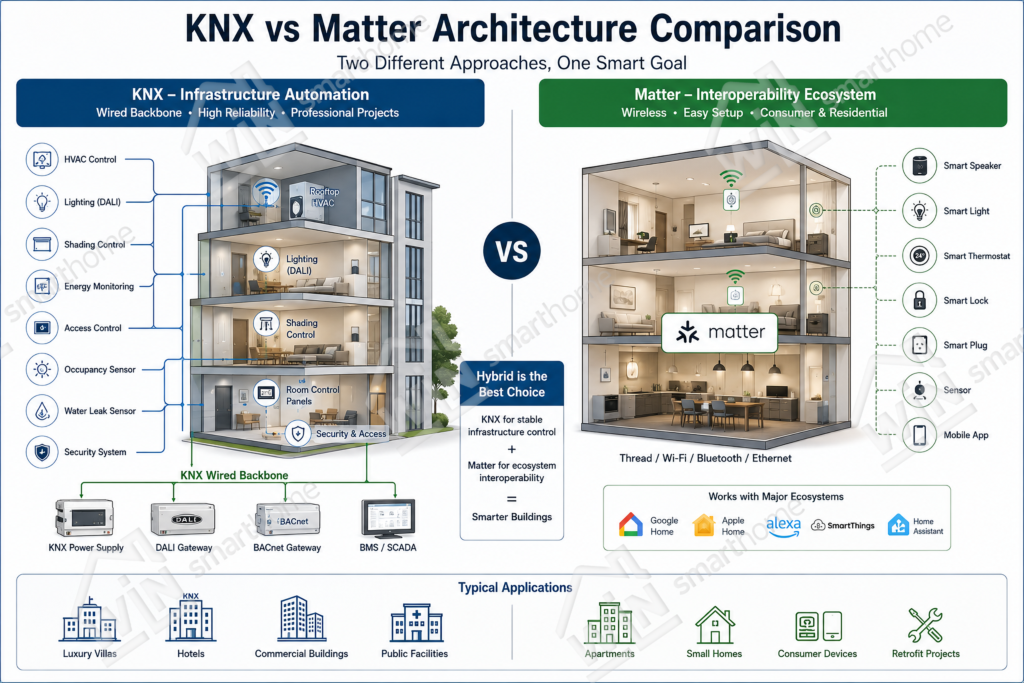 KNX vs Matter smart building architecture comparison showing KNX wired backbone, Matter wireless ecosystem, DALI lighting, BACnet integration, HVAC automation, occupancy sensors, and hybrid smart building control for villas hotels and commercial buildings