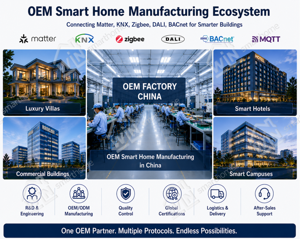 OEM Smart Home Manufacturing Ecosystem in China connecting Matter, KNX, Zigbee, DALI, BACnet and MQTT for villas, hotels, commercial buildings and smart campuses.