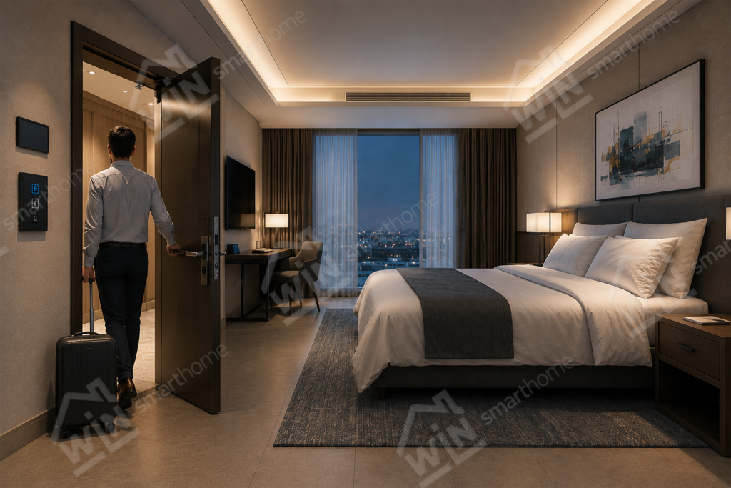 Smart hotel room automation scene showing guest entry with automatic lighting, curtain control, HVAC comfort mode, occupancy detection, energy-saving logic, and centralized hotel room status integration using KNX and GRMS systems