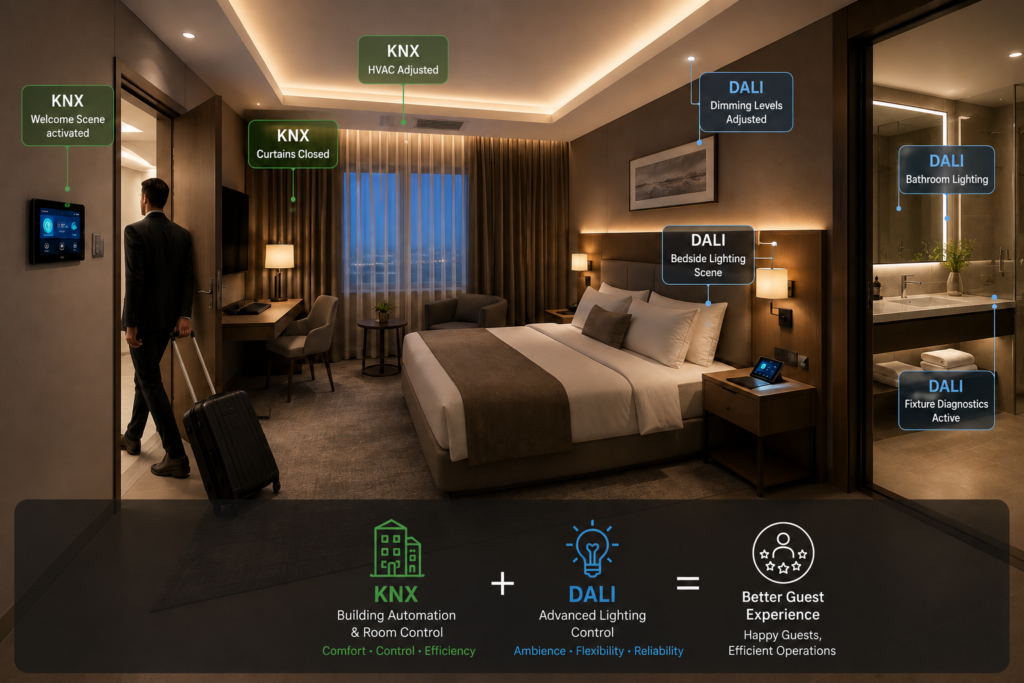 Smart hotel room demonstrating KNX and DALI integration, where KNX controls HVAC, curtains, and welcome scenes while DALI manages lighting scenes, dimming, and fixture diagnostics.