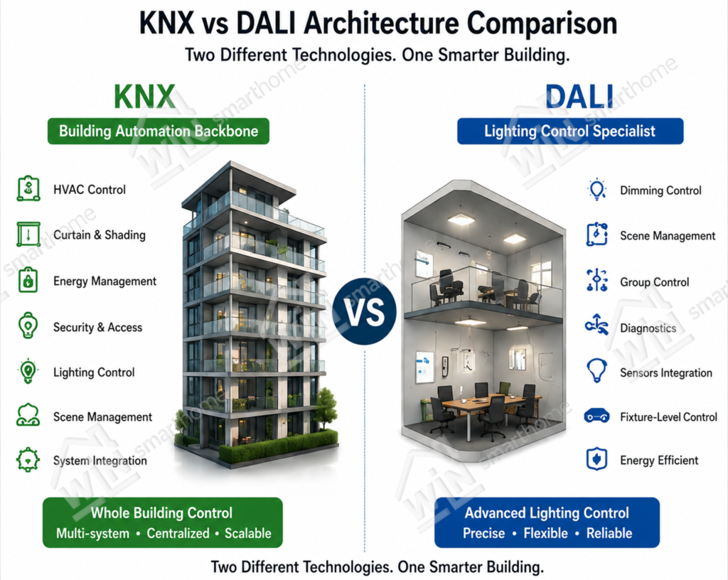 KNX vs DALI architecture comparison showing KNX for complete building automation and DALI for advanced lighting control in smart building projects.