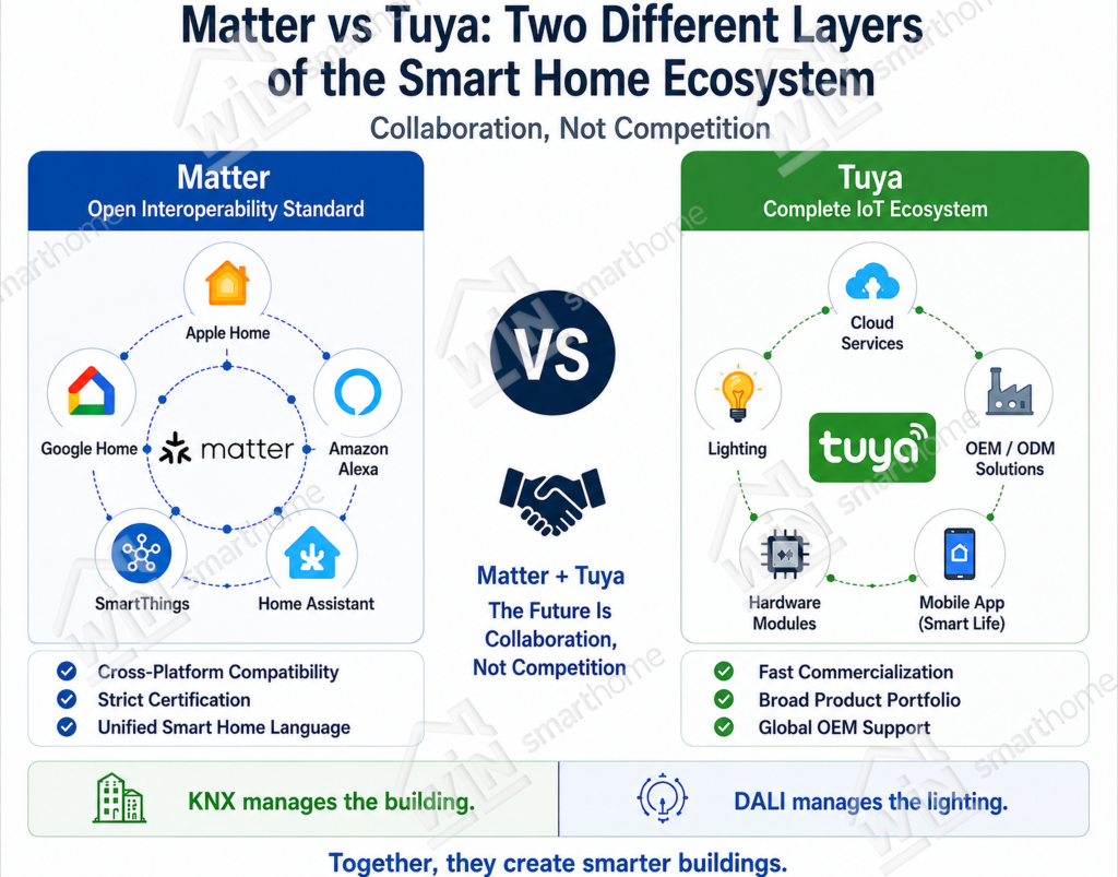 Comparison of Matter vs Tuya showing how Matter serves as an open interoperability standard while Tuya provides a complete IoT ecosystem with cloud services, hardware modules, OEM solutions, and smart home applications.