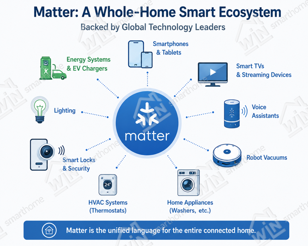 Diagram showing the Matter whole-home smart ecosystem, where Matter compatible devices including lighting, smart locks, HVAC systems, home appliances, TVs, voice assistants, and robot vacuums work together across multiple platforms.