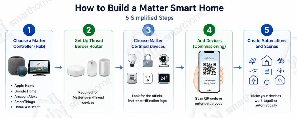Step-by-step guide showing how to build a Matter smart home by choosing a Matter controller, adding certified devices, and creating automations.