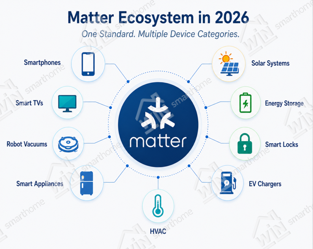 Matter ecosystem in 2026 showing expanding smart home device categories including EV chargers, solar systems, HVAC, smart locks, appliances, TVs, and robot vacuums, demonstrating Matter ecosystem growth.