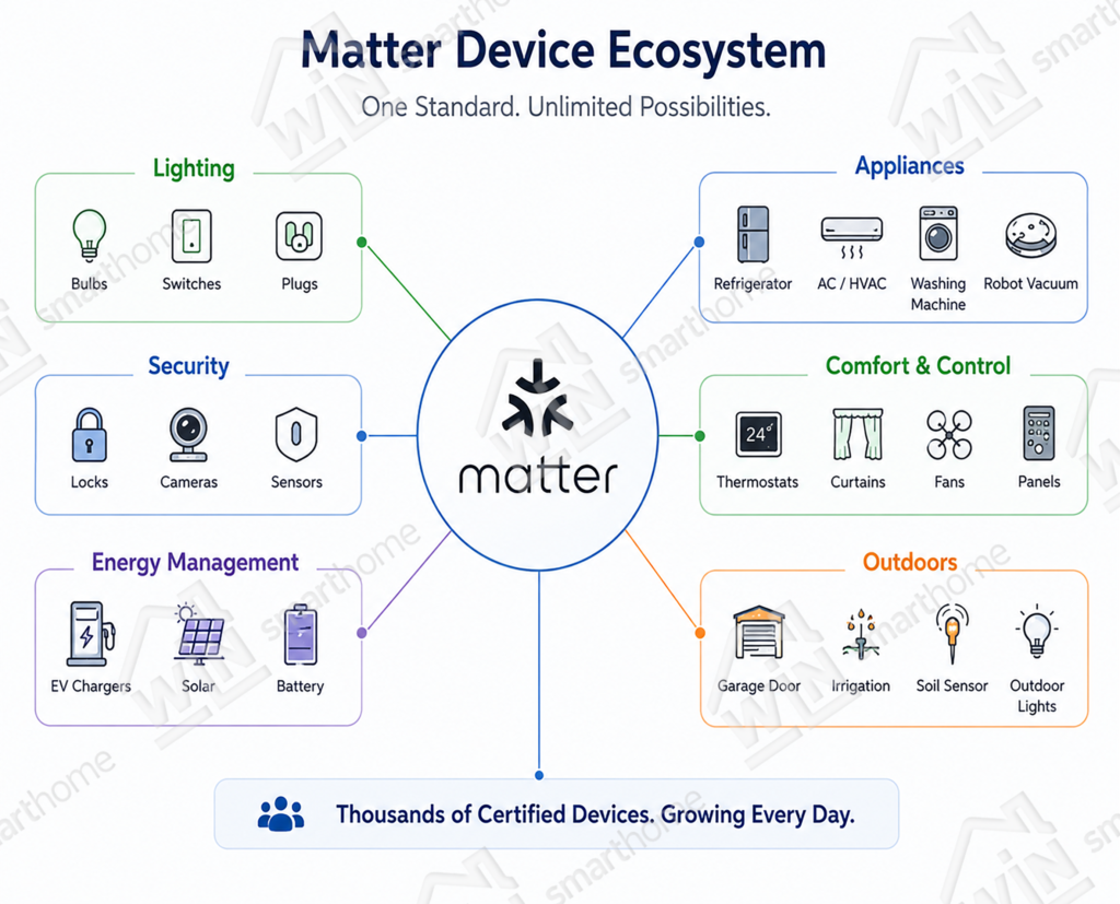 Matter device ecosystem showing supported smart home categories including lighting, security, appliances, energy management, comfort control, and outdoor devices.