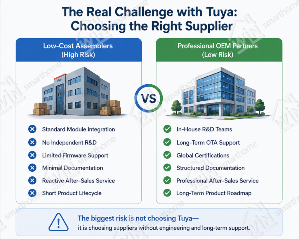 Matter vs Tuya smart home comparison showing why choosing a professional Tuya OEM partner with R&D capabilities, certifications, documentation, and long-term support is more important than selecting the lowest-cost supplier.