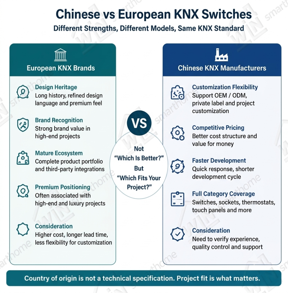 Comparison chart between Chinese and European KNX switches showing customization, pricing, and project suitability.