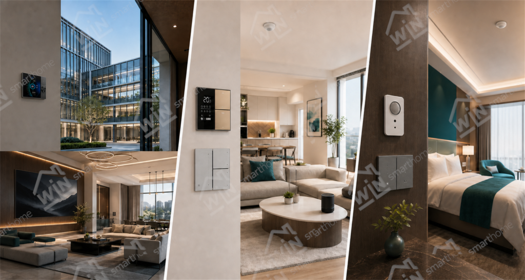 Winsmart smart home panels, switches and sensors installed in commercial, residential and hotel projects