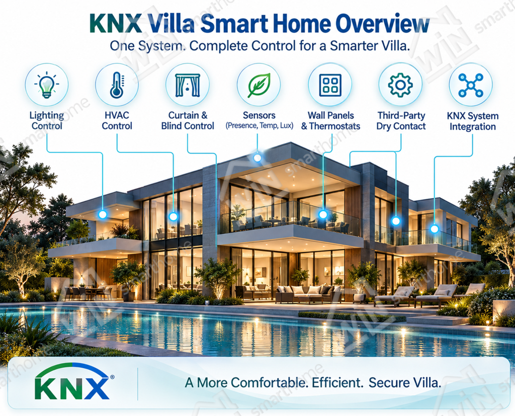 KNX villa lighting HVAC curtain control BOM overview showing lighting, climate, curtains, sensors, wall panels and system integration.