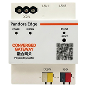 Pandora Edge KNX Matter gateway with LAN1 and LAN2 labels, DC 24V power terminals, KNX bus connector, status indicators and reset button.